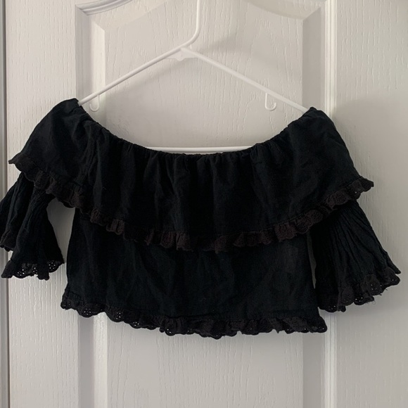 KanCan off the shoulders cropped eyelet black top size S ruffles bohemian - Picture 9 of 9